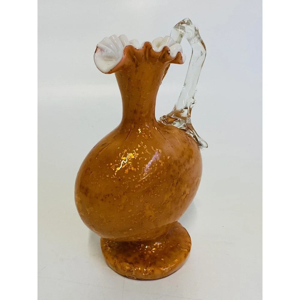 Vintage Orange Gold Aventurine Art Glass Decanter Murano‎ Style Ruffled Cruet